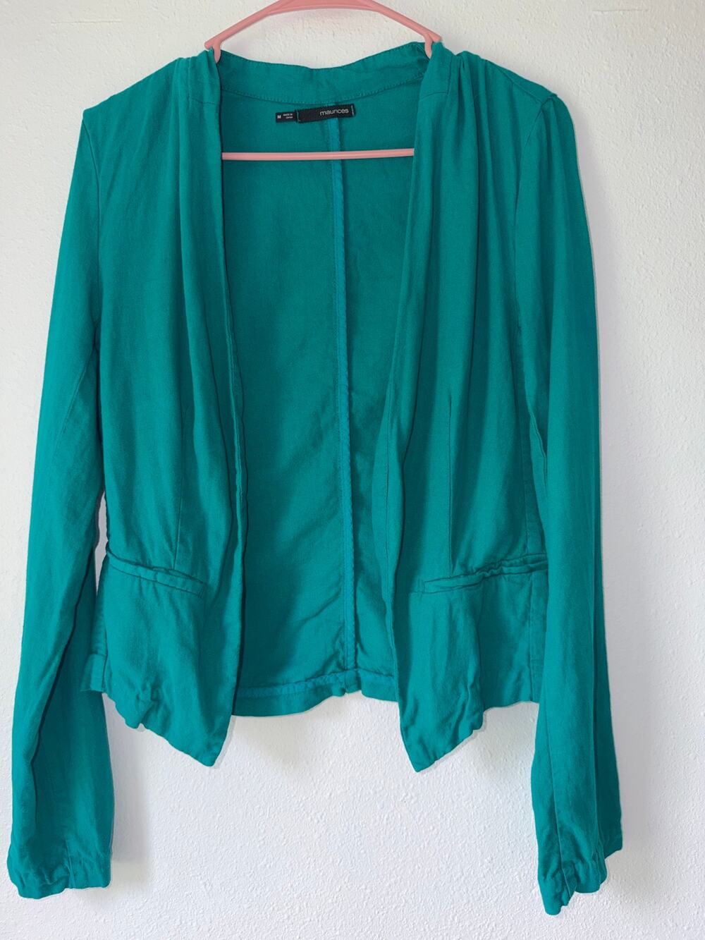 Blue Grean Teal Open Front Maurices Long Sleeve Professional Blazer Size Medium